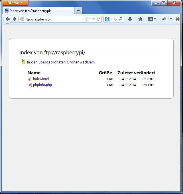 FTP webansicht bei eingabe von ftp://raspberrypi/ im Browser