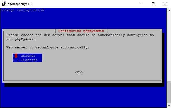 PHPMyAdmin Shell configuration -> auswahl apache2
